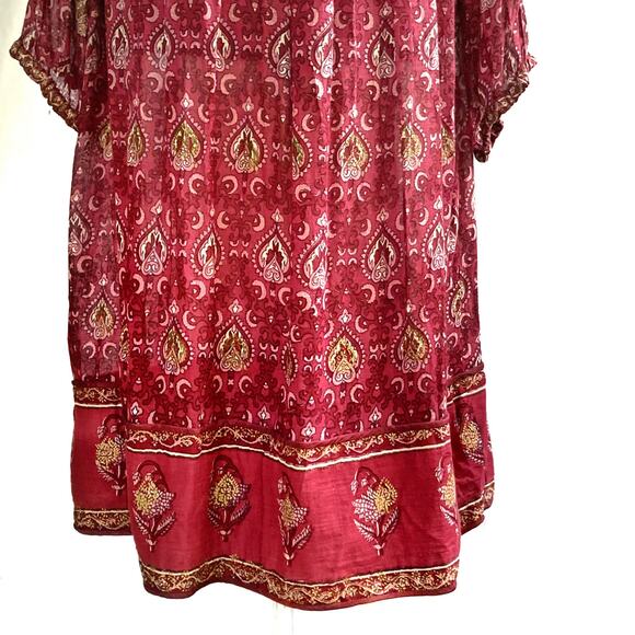 70s Adini Burgundy Boho Maxi Dress | Gold Print Empire Waist Tassel Beads Fall - Picture 11 of 16